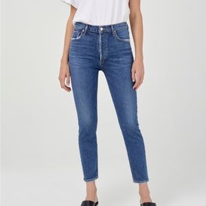 Agolde “Nico” high-rise skinny jean, ankle length; dark indigo color; size 24